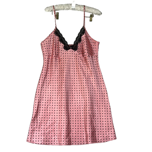 Ambrielle Nightgown Size L Polka Dot Pink Black Lace Detail - Picture 1 of 8